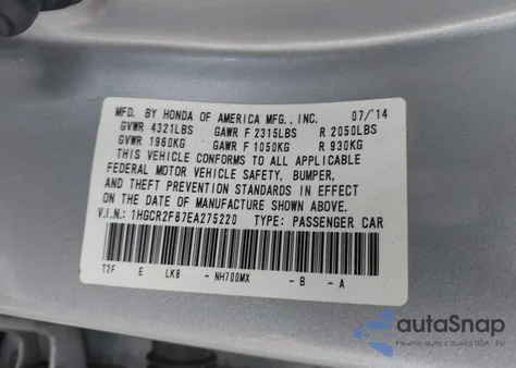 2014 Honda Accord Ex-L from USA, damaged, VIN 1HGCR2F87EA275220